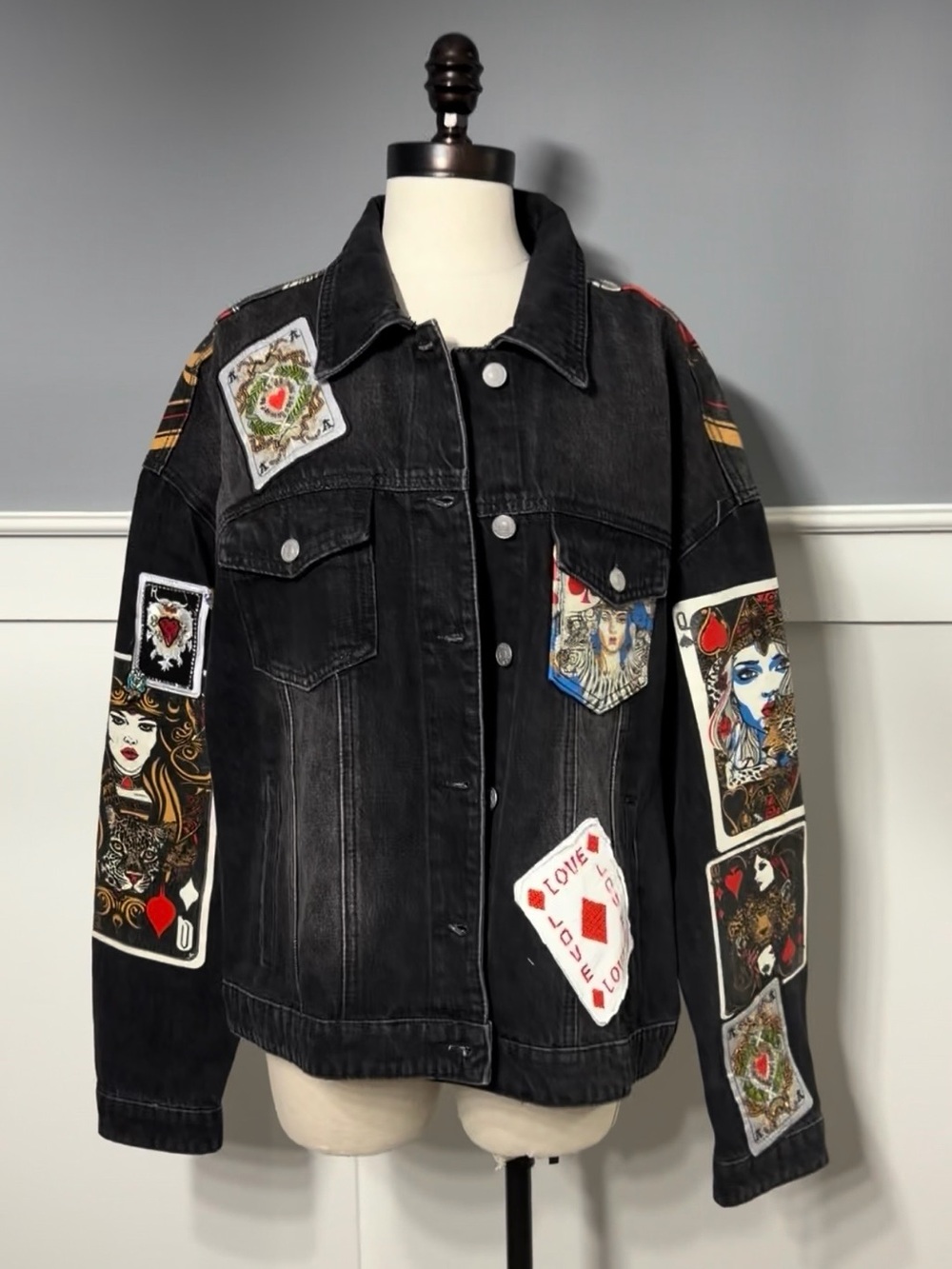 AKIRA Black Denim Jacket with Card Patchwork